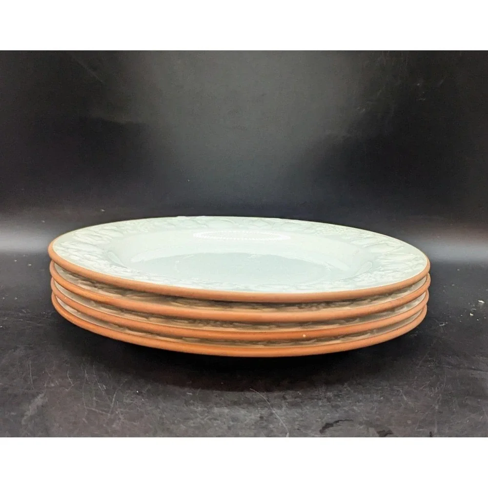 Set/4 Pier 1 Italian Pottery White Embossed Fruit Terra Cotta Edge Dinner Plate